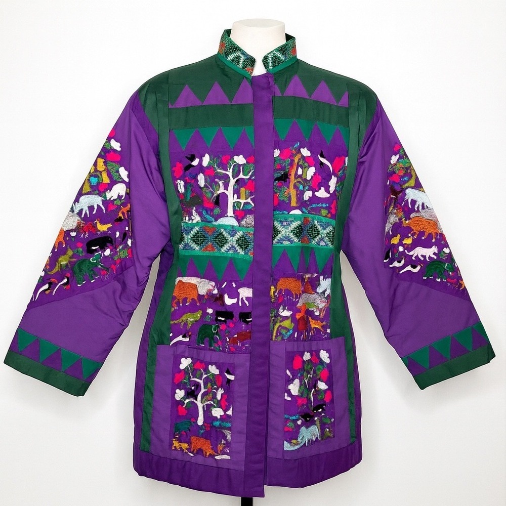 Hmong Embroidered Animal Folk Art Coat Purple Green Size L Art to Wear